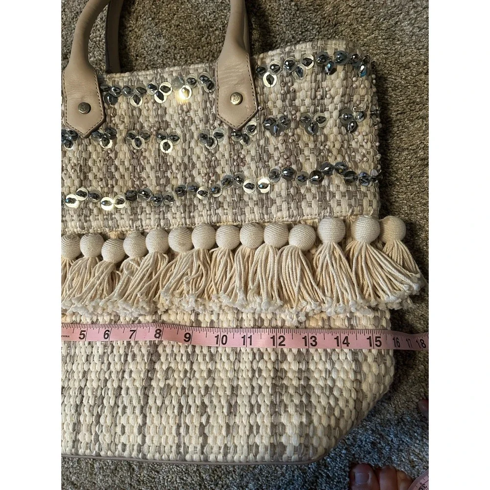 Sam Edelman Tori Tote Ivory Sequin Bag Beachy Boho Woven Drawstring Closure - Picture 9 of 11